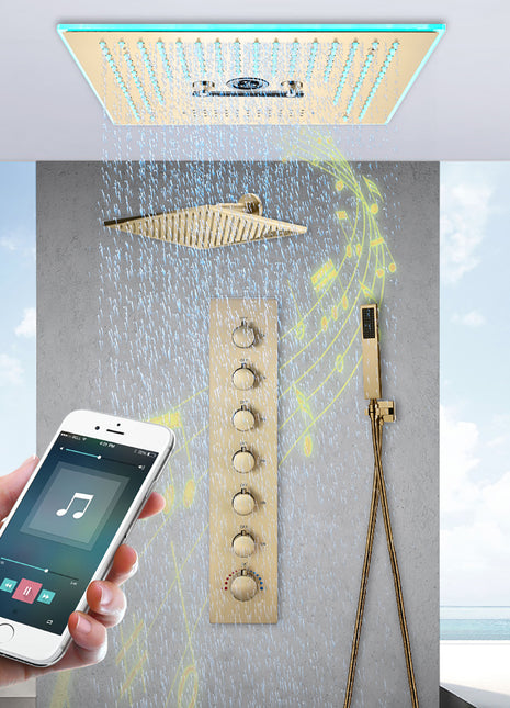 Brushed gold Gold Flush mounted 16 Inch 64 colors LED Bluetooth Music Rainfall Waterfall Mist rotating hydro jet Shower Head 6 Way Thermostatic Shower Faucet Set with regular head
