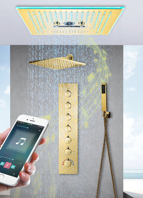 Polished Gold Flushed in 16 Inch 64 colors LED Bluetooth Music Rainfall Waterfall Mist rotating hydro jet Shower Head 6 Way Thermostatic Shower Faucet Set with regular head