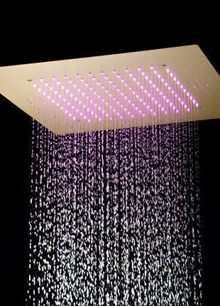 Brushed gold flush mounted 20 inch rainfall 64 LED light Bluetooth Music shower head 4 way digital display shower faucet with body jets and regular head