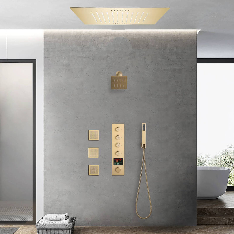Brushed gold flush mounted 20 inch rainfall 64 LED light Bluetooth Music shower head 4 way digital display shower faucet with body jets and regular head