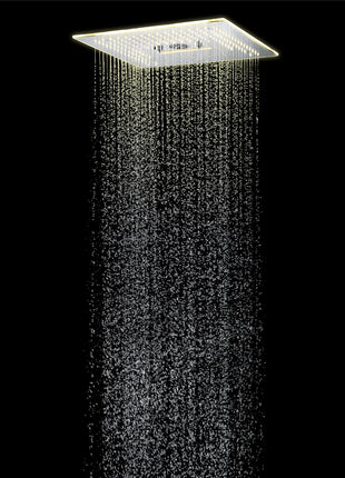 Brushed nickel  16'' x 16'' music 64 LED light rainfall waterfall mist 360 Degrees rotating hydro jet stainless shower head flushed mounted 3 way digital pressure balance shower system