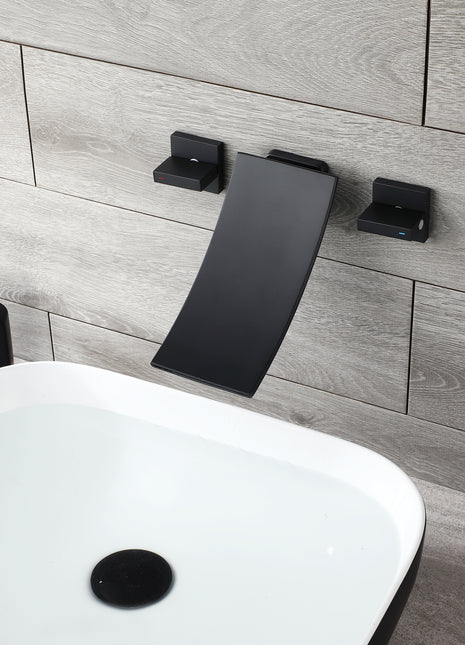 matte black waterfall wall mount bathroom sink faucet with overflow brass pop up drain
