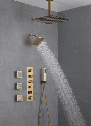 Brushed Gold 4 Function Thermostatic Faucet Set with Ceiling 12" or 16'' Rain Shower Head, High Pressure 6", Body Jets and Handheld Spray