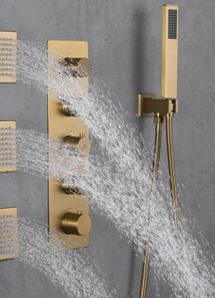 Brushed gold flush mounted 20 inch rainfall 64 LED light Bluetooth Music shower head 4 way digital display shower faucet with body jets and regular head