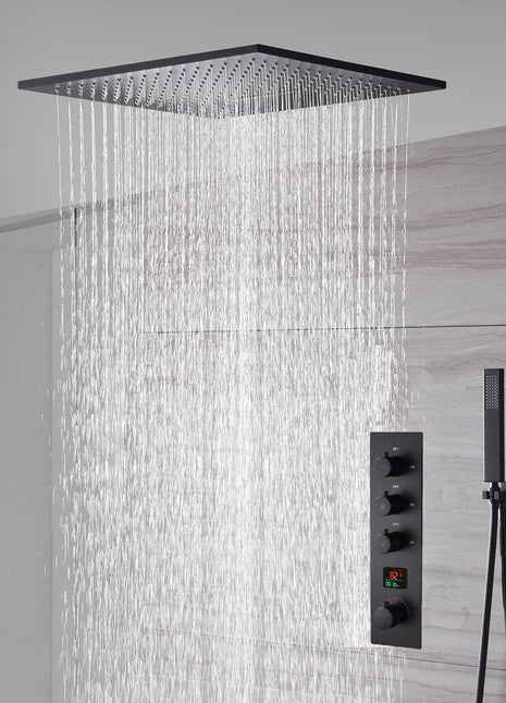 20inch matte black ceiling mount rainfall waterfall shower systems 3 way digital display thermostatic valve with 6 body jets