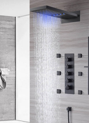 Matte Black 22 Inch Rainfall Waterfall Shower Head 4 Way Thermostatic Shower Faucet Set with Slide Bar and Body Jets Each Function Work All Together and Separately