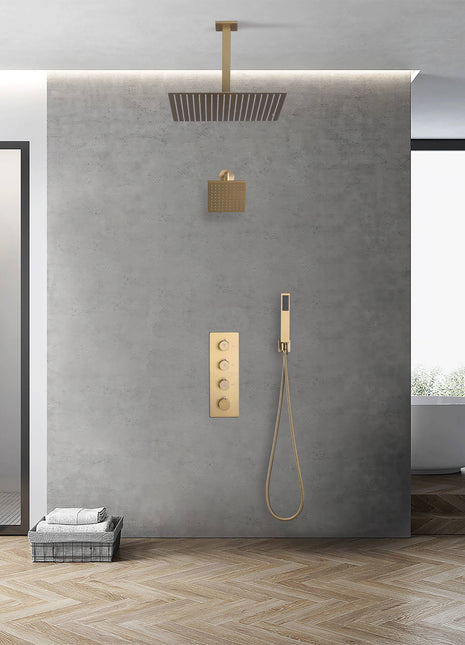 Brushed Gold rainfall shower head high pressure shower head 3 way thermostatic valve shower heads systems each function work at the same time and separately