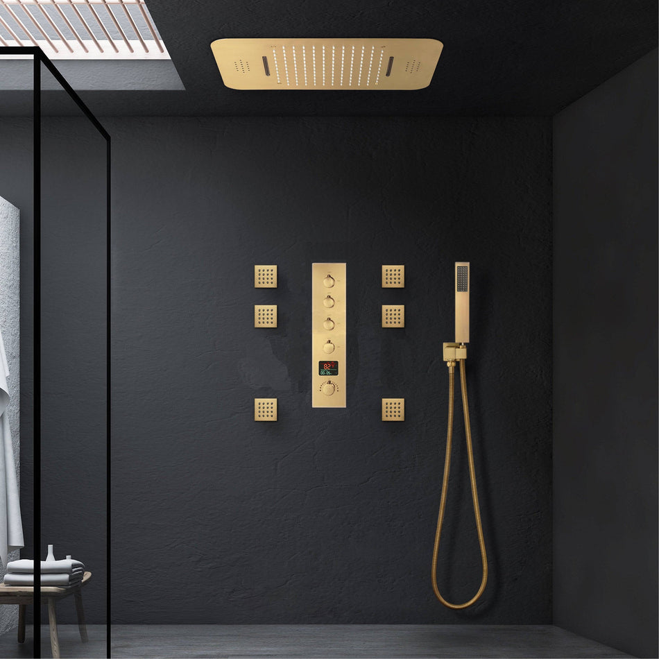 Brushed Gold Music LED Flushed in 23X 15inch shower head 4 way thermostatic valve that each function run all together and separately
