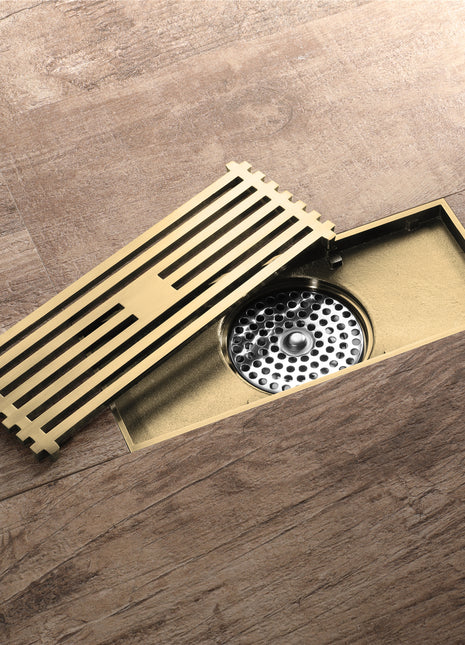 8 Inch Shower Linear Brushed Gold Drain Rectangular Floor Drain with Accessories Square Hole Pattern Cover Grate Removable Brushed Gold Brass