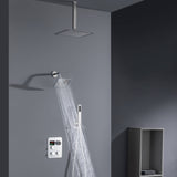 Brushed nickel Ceiling 12 Inch led Light Rainfall Shower Head Wall Mount 6 Inch Regular High Water Pressure Shower Head 3 Way Thermostatic Shower Faucet Each Function Work All together and separately