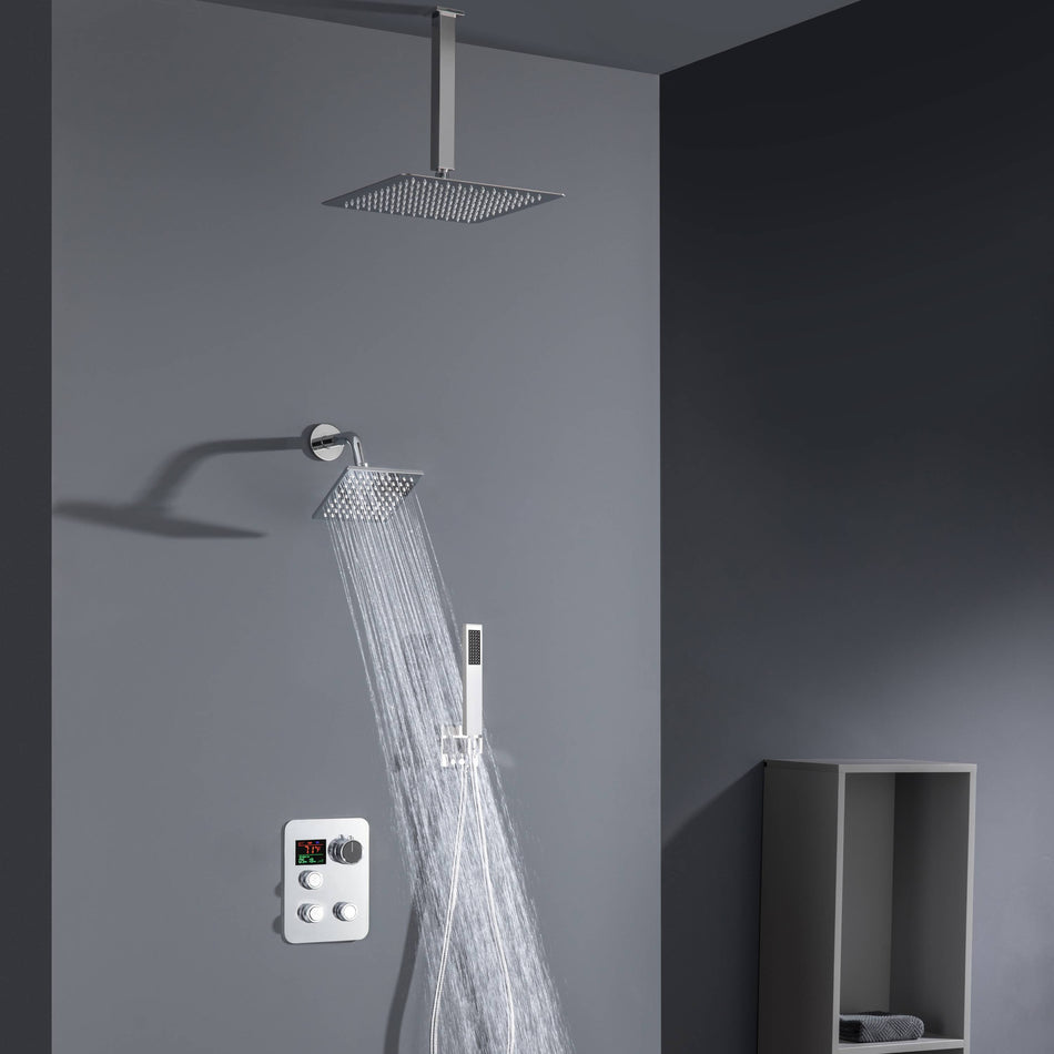 Brushed nickel Ceiling 12 Inch led Light Rainfall Shower Head Wall Mount 6 Inch Regular High Water Pressure Shower Head 3 Way Thermostatic Shower Faucet Each Function Work All together and separately