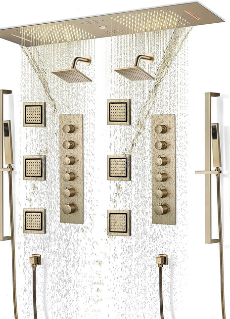 Brushed Gold 36 Inch  Flushed Ceiling Mount Rainfall Waterfall Water Column 64 LED Light Bluetooth Music Shower Head 5 Way Thermostatic Shower Faucet Set with Body Jets and regular heads