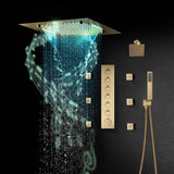 Brushed Gold 20 Inch Flushed Ceiling Mount Rainfall Waterfall Mist 64 LED Light Bluetooth Music Shower Head 6 Way Digital display Thermostatic Shower Faucet Set with Body Jets and regular head