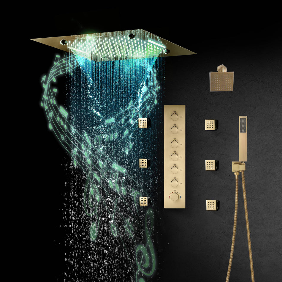 Brushed Gold 20 Inch Flushed Ceiling Mount Rainfall Waterfall Mist 64 LED Light Bluetooth Music Shower Head 6 Way Digital display Thermostatic Shower Faucet Set with Body Jets and regular head
