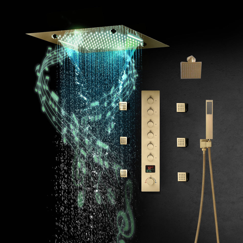 Brushed Gold 20 Inch Flushed Ceiling Mount Rainfall Waterfall Mist 64 LED Light Bluetooth Music Shower Head 6 Way Digital display Thermostatic Shower Faucet Set with Body Jets and regular head