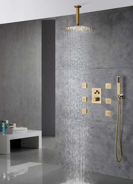 Brushed gold Ceiling mount 3 way Thermostatic Shower jets system that each function run all together and separately