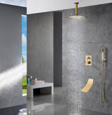 Ceiling mounted Brushed gold 3 way Thermostatic Shower valve system with waterfall tub spout that each function run all together and separately