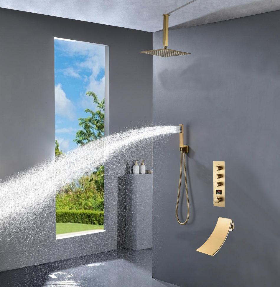 Ceiling mounted Brushed gold 3 way Thermostatic Shower valve system with waterfall tub spout that each function run all together and separately