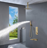 Ceiling mounted Brushed gold 3 way Thermostatic Shower valve system with waterfall tub spout that each function run all together and separately