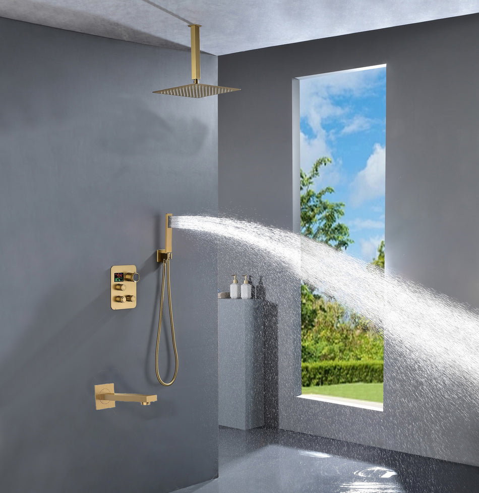 Ceiling mounted Brushed gold 3 way Thermostatic Shower valve system with tub spout that each function run all together and separately