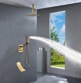 Ceiling mounted Brushed gold 3 way Thermostatic Shower valve system with waterfall tub spout that each function run all together and separately