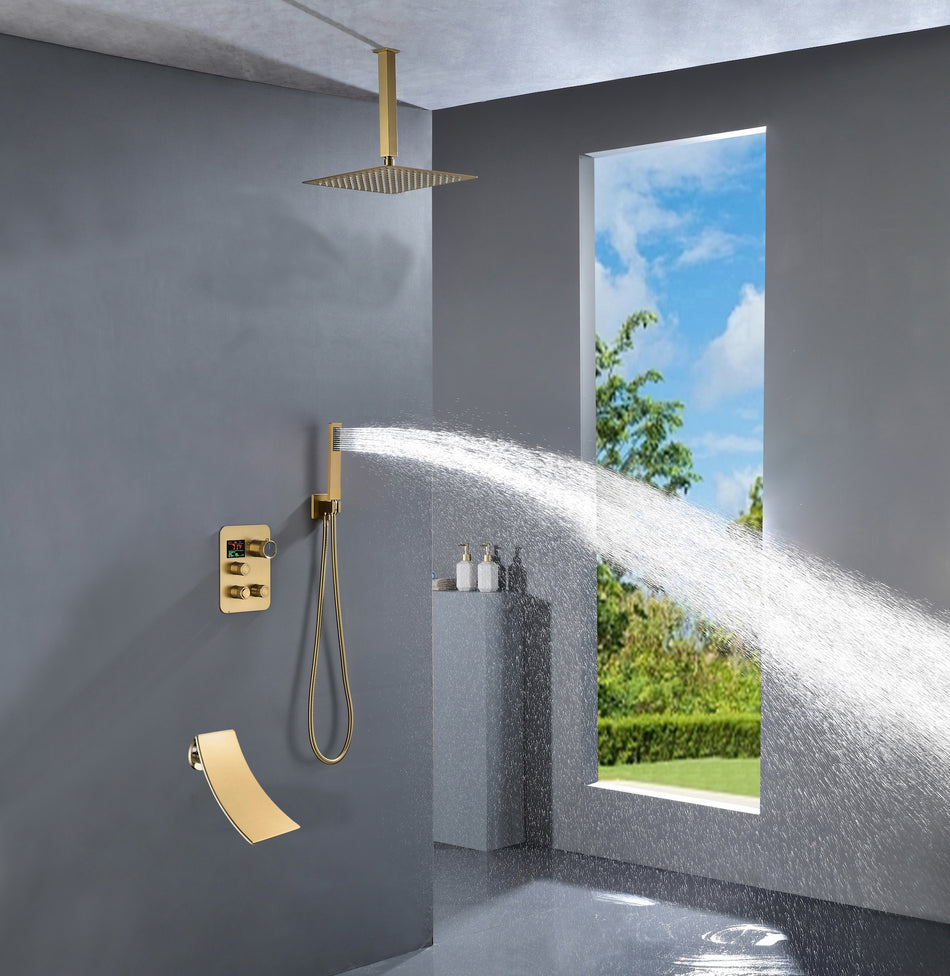 Ceiling mounted Brushed gold 3 way Thermostatic Shower valve system with waterfall tub spout that each function run all together and separately