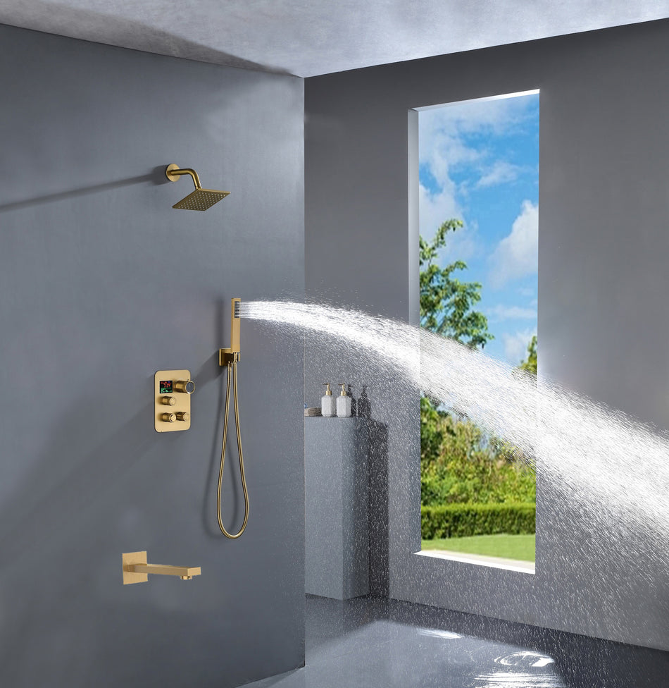 Brushed gold 3 way Thermostatic Shower valve system with tub spout that each function run all together and separately