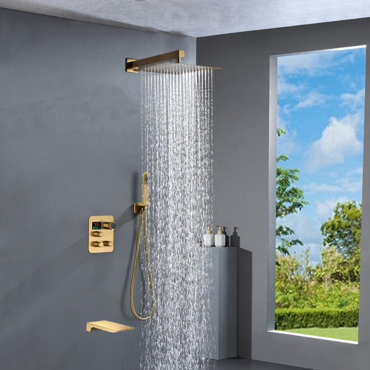 wall mounted Brushed gold 3 way Thermostatic Shower valve system with waterfall tub spout that each function run all together and separately