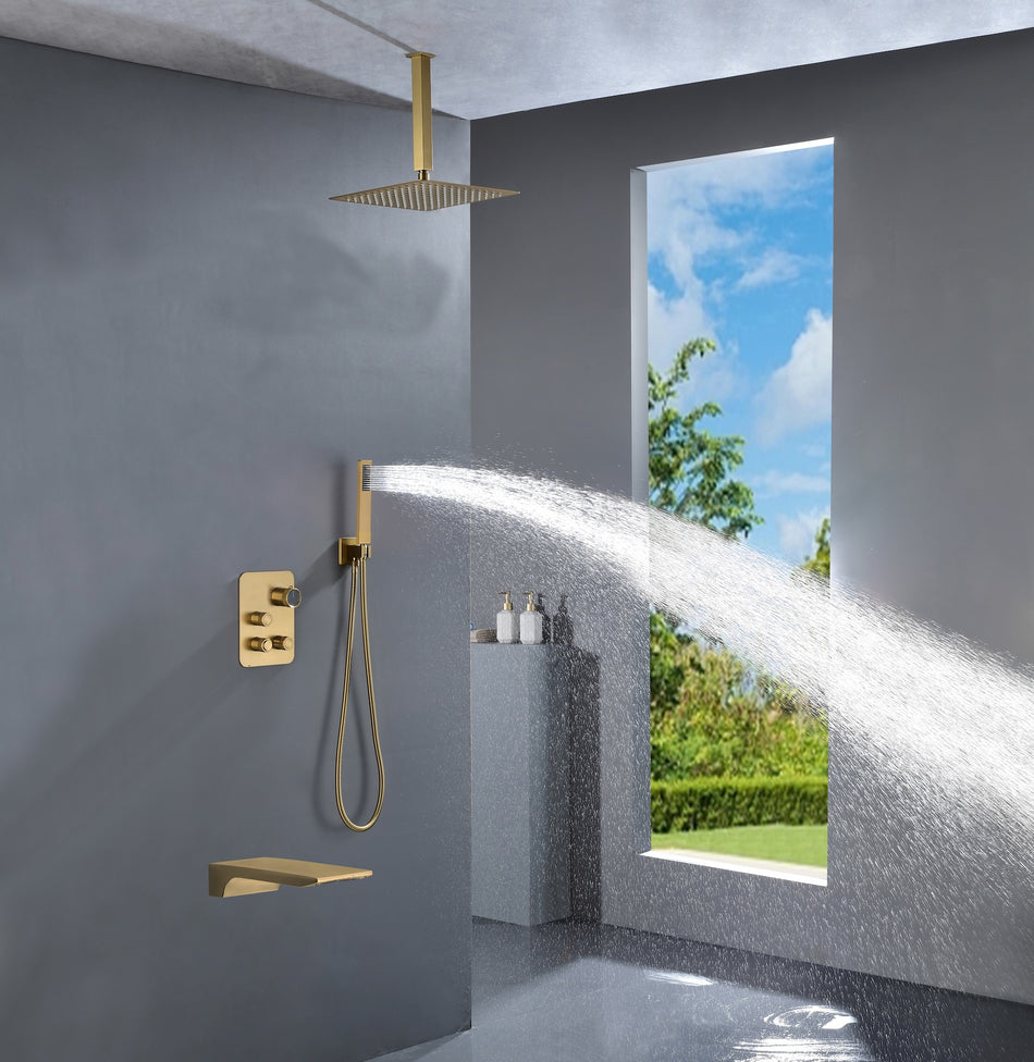 Ceiling mounted Brushed gold 3 way Thermostatic Shower valve system with waterfall tub spout that each function run all together and separately