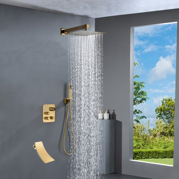 wall mounted Brushed gold 3 way Thermostatic Shower valve system with waterfall tub spout that each function run all together and separately