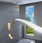 Ceiling mounted Brushed gold 3 way Thermostatic Shower valve system with waterfall tub spout that each function run all together and separately