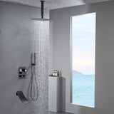Ceiling mount 12 inch or 16 inch matte Black Rain Shower Head 3 way thermostatic shower faucet with waterfall Tub spout