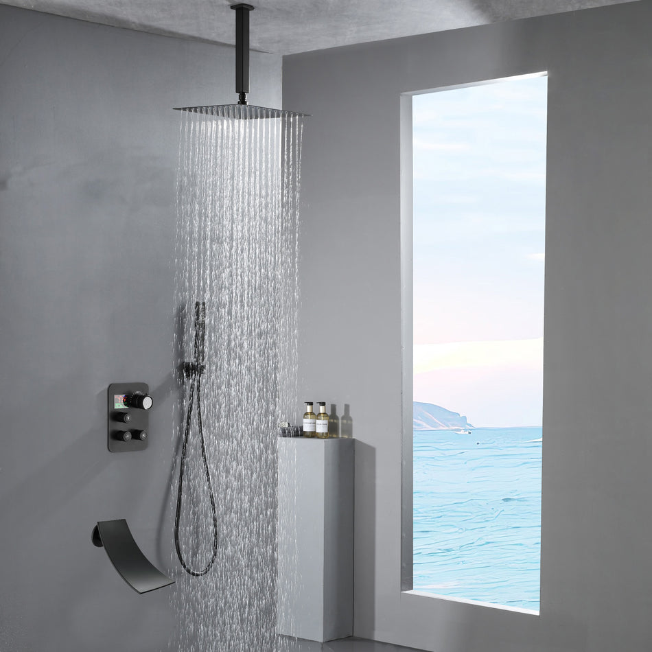 Ceiling mount 12 inch or 16 inch matte Black Rain Shower Head 3 way thermostatic shower faucet with waterfall Tub spout