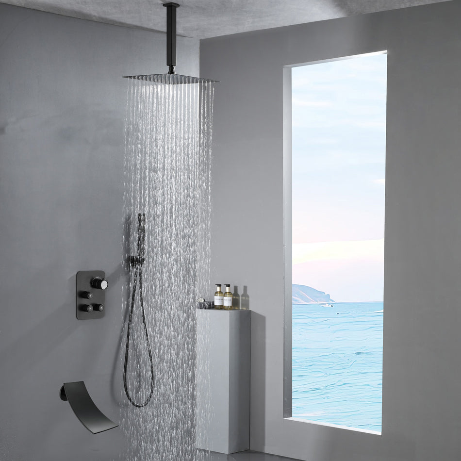 Ceiling mount 12 inch or 16 inch matte Black Rain Shower Head 3 way thermostatic shower faucet with waterfall Tub spout