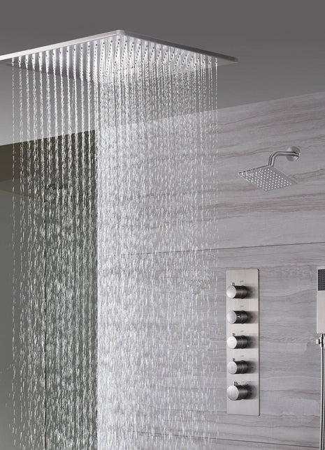 20 Inch Brushed nickel ceiling mount rainfall waterfall shower systems 4 way thermostatic valve with 6 inch regular head