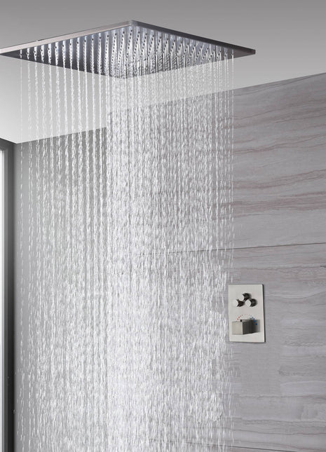 20 inch Brushed nickel ceiling mount rainfall waterfall or rainfall mist shower systems 3 way thermostatic valve