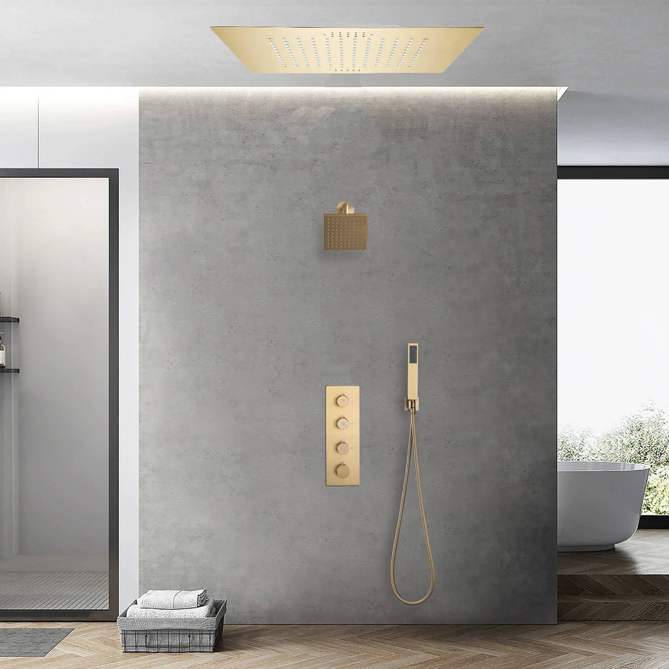 Brushed gold flush mounted 20 inch rainfall 64 LED light Bluetooth Music shower head 3 way digital display shower faucet with regular head