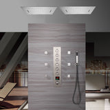 Dual 20 Inch Brushed nickel Flushed mount rainfall waterfall 64 LED light Bluetooth Music shower systems 6 way Digital display thermostatic valve with 6 body jets and regular head