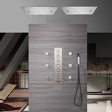 Dual 20 Inch Brushed nickel Flushed mount rainfall waterfall 64 LED light Bluetooth Music shower systems 6 way Digital display thermostatic valve with 6 body jets and regular head