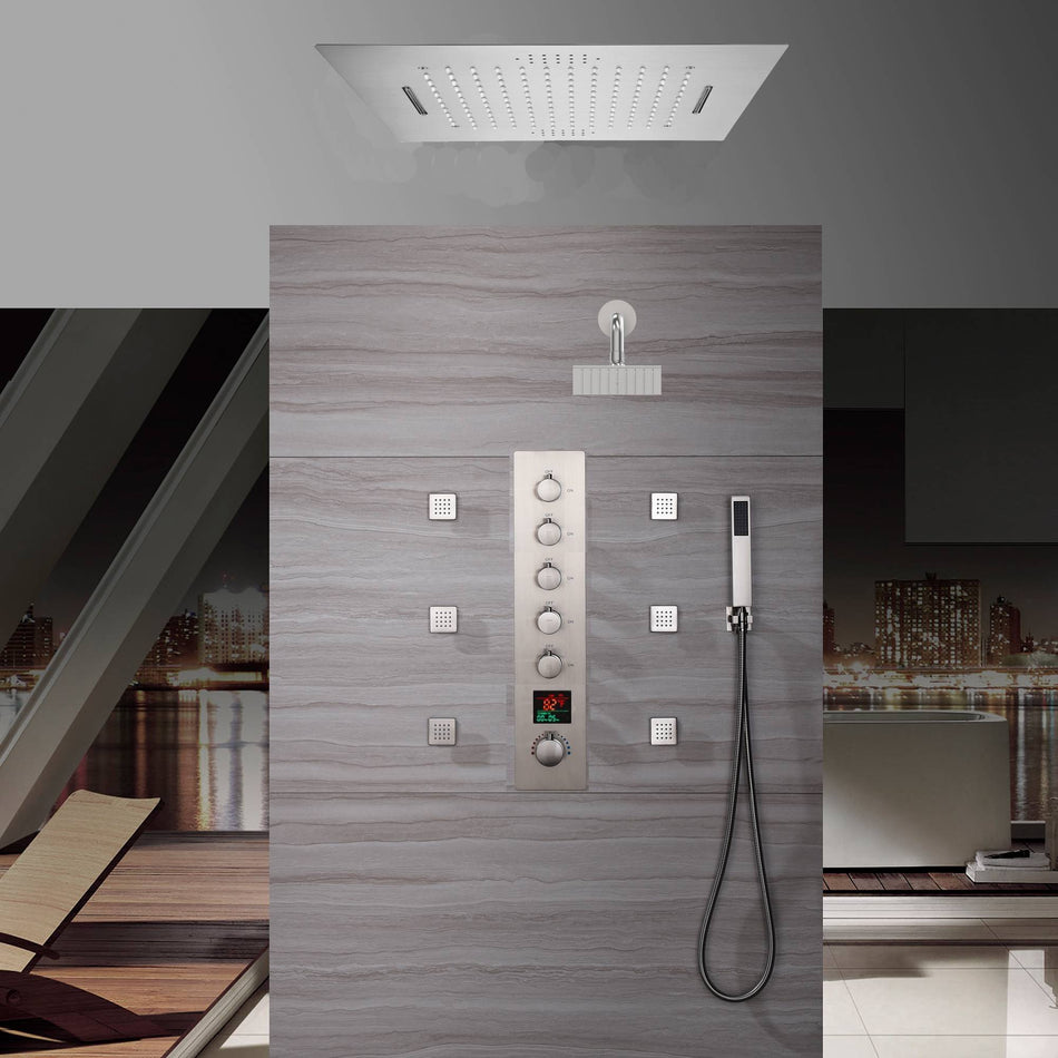 20 Inch Brushed nickel Flushed mount rainfall waterfall 64 LED light Bluetooth Music shower systems 5 way Digital display thermostatic valve with 6 body jets and regular head
