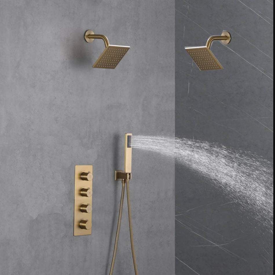 Brushed Gold dual Regular high pressure shower head 3 way thermostatic valve shower heads systems each function work at the same time and separately
