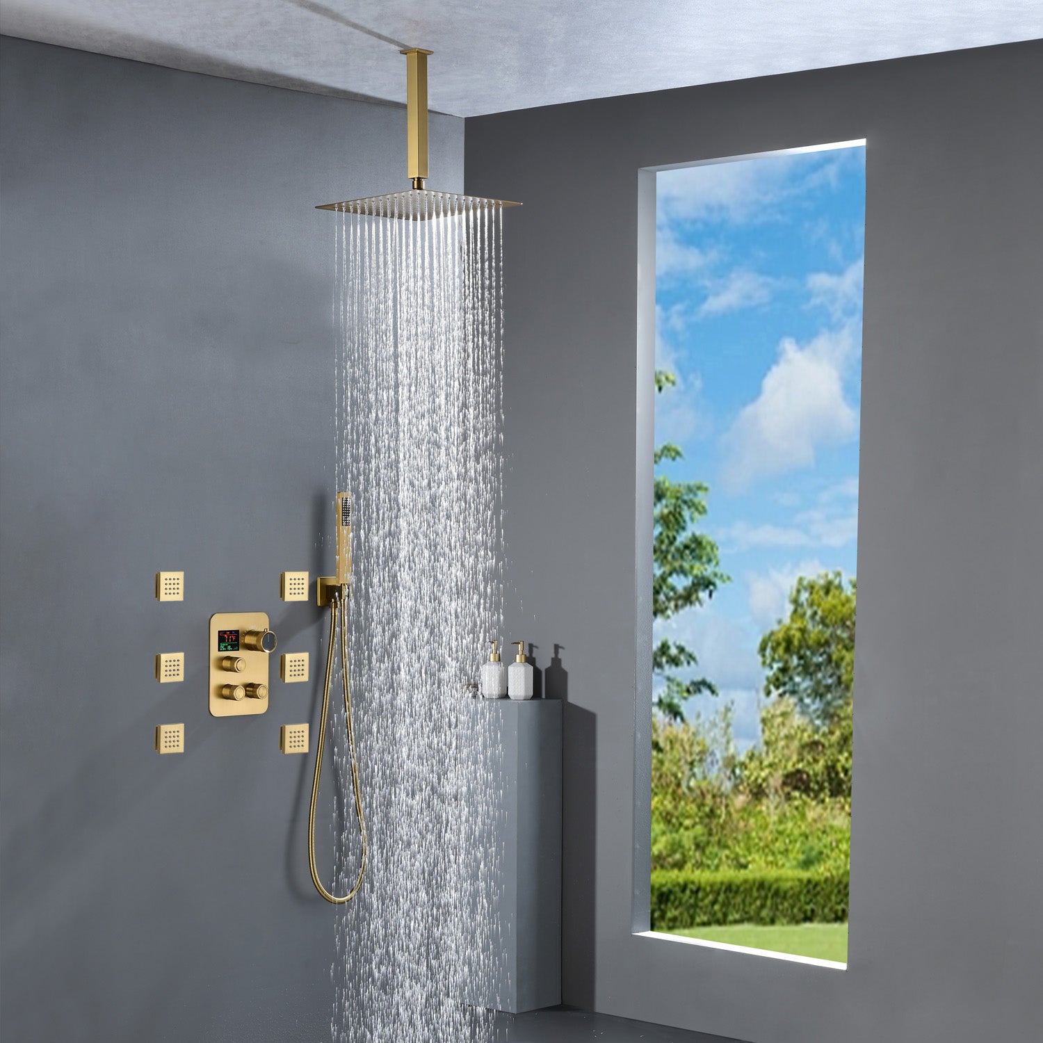 Brushed gold Ceiling mount 3 way Thermostatic Shower jets system that ...