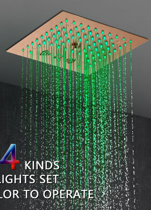 Flushed mount 12 inch 64 LED colors light Rose Gold Bluetooth Music 4 Way Thermostatic Shower Faucet with Regular head