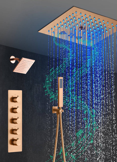 Flushed mount 12 inch 64 LED colors light Rose Gold Bluetooth Music 4 Way Thermostatic Shower Faucet with Regular head