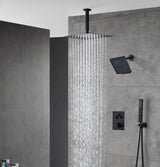 Matte Black Ceiling Mount 12 Inch or 16 inch Rainfall Shower Head Wall Mount 6 Inch Regular High Water Pressure Shower Head 3 Way Thermostatic Shower Faucet Each Function Work All Together And Separately