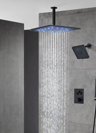 Matte Black Ceiling Mount 12 Inch or 16 inch Rainfall Shower Head Wall Mount 6 Inch Regular High Water Pressure Shower Head 3 Way Thermostatic Shower Faucet Each Function Work All Together And Separately