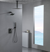 Matte Black Ceiling Mount 12 Inch or 16 inch Rainfall Shower Head Wall Mount 6 Inch Regular High Water Pressure Shower Head 3 Way Thermostatic Shower Faucet Each Function Work All Together And Separately