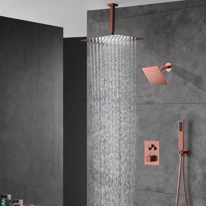 Rose Gold wall mount 6inch regular high water pressure shower head ceiling mount 12 inch rainfall shower head 3 way thermostatic shower system