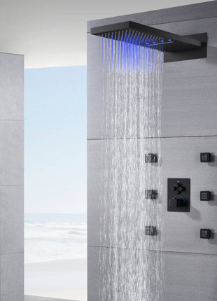 22-Inch Matte Black 4-Way Thermostatic Shower System with Rainfall, Waterfall, and 6 Body Jets