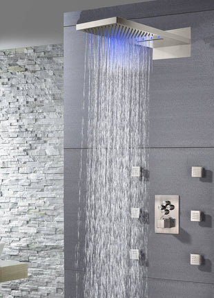 22'' Brushed Nickel 4 Way Thermostatic Shower Faucet Waterfall & Rain Massage Body Jet Spray